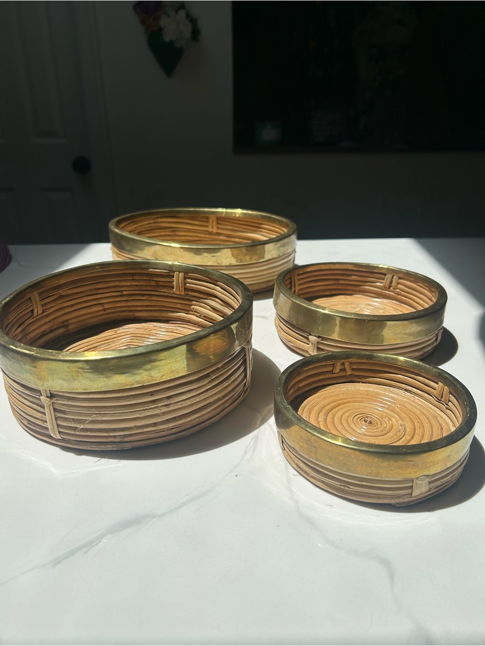 Set of 4 Woven Rattan Mid Century Coasters/Bowls with Brass Rim - Natural & Gold